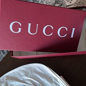 Gucci shoe bags x2, x1 jacket garment bag, shoe box.